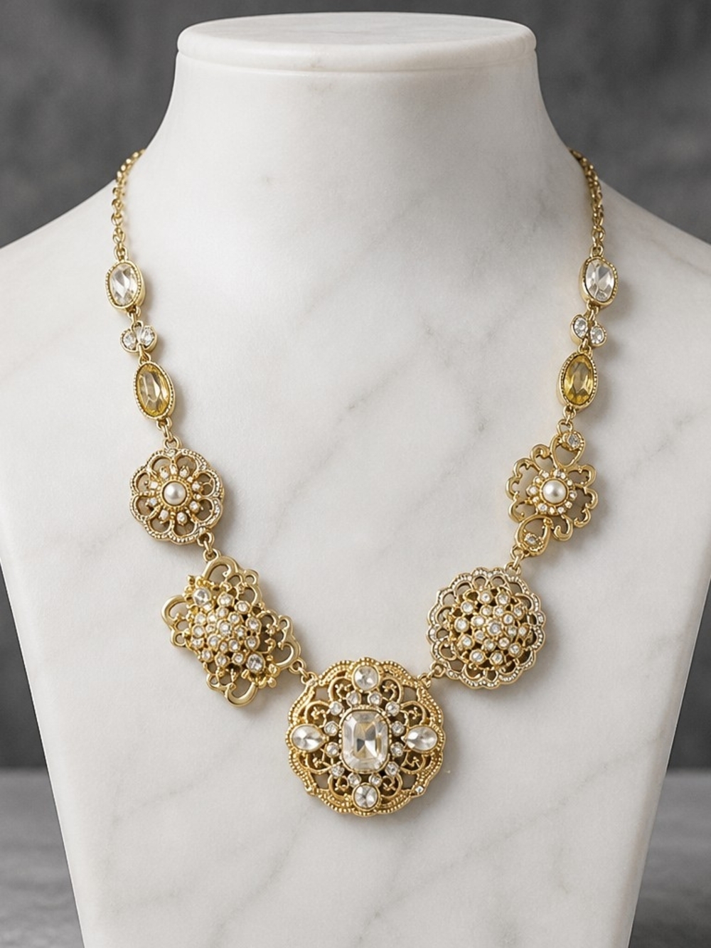 Gold Filigree Crystal & Pearl Statement Necklace